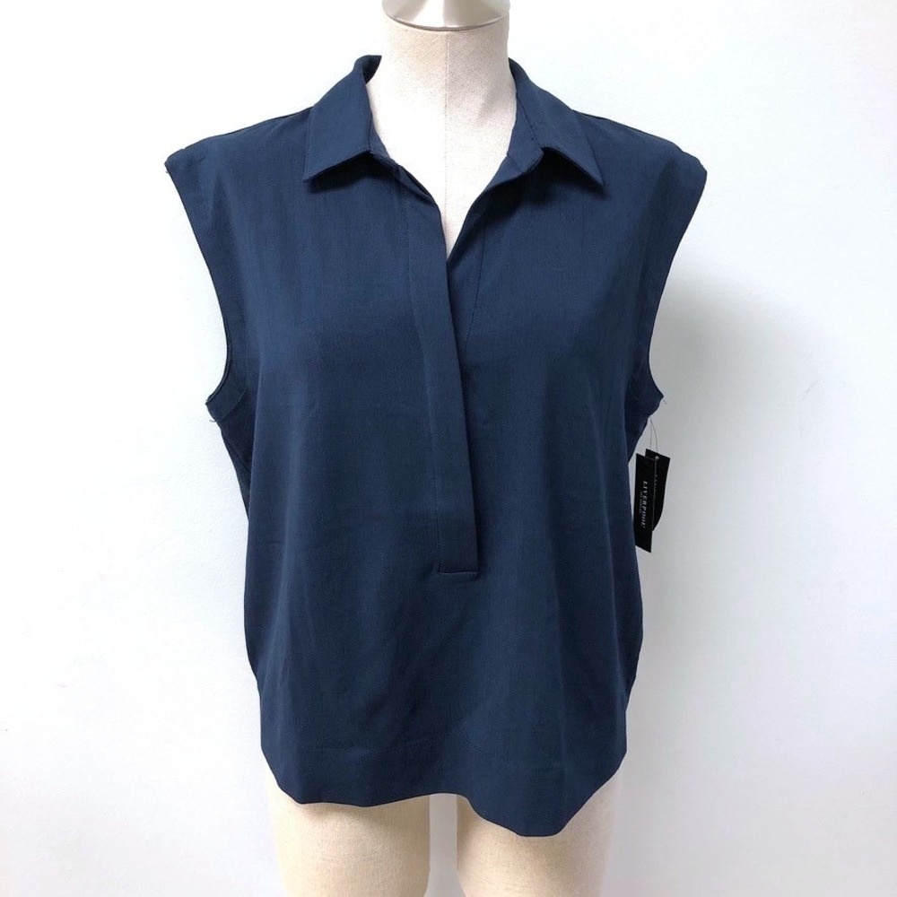 Liverpool Blouse Women Medium Dark Navy Sleeveless Split Neck Collar NEW